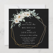 白いバラのゴールドフレーム 黒背景のクリスチャン結婚式 招待状 (正面)