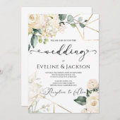 白いバラのハイドランジアとグリーンとゴールドのウェディング 招待状 (正面/裏面)