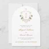 白いバラのフレーム モノグラム カトリック ウェディング 招待状 (正面)