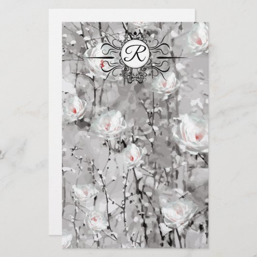 白いバラのフローラの冬の灰色のパターン 便箋 (正面/裏面)