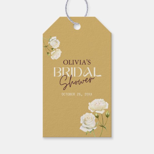 白いバラのブライダルシャワーとともに咲く愛 ギフトタグ (正面)