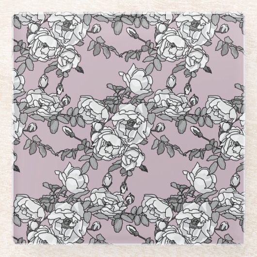白いバラのラベンダーの背景 ガラスコースター (正面)
