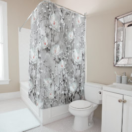 白いバラの冬のフローラ灰色の白いパターン シャワーカーテン
