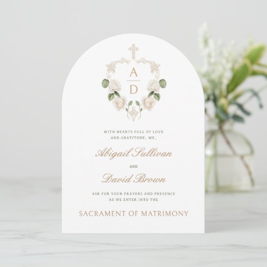 白いバラの枠モノグラムカソリッ結婚クス 招待状 (スタンド正面)