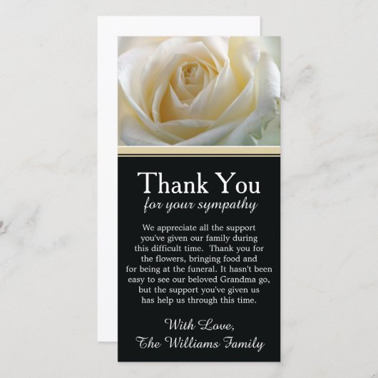 白いバラの死別の悔やみや弔慰は感謝していしています サンキューカード (正面/裏面)