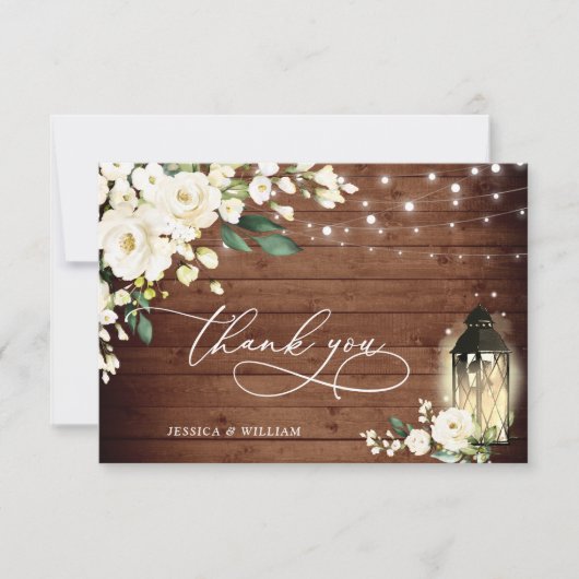 白いバラの素朴な木製ランタン ウェディング サンキューカード (正面)