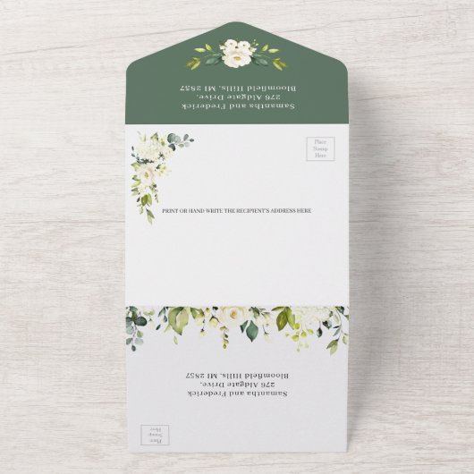 白いバラの結婚緑が一つになった オールインワン招待状 (外側)