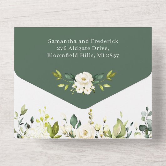 白いバラの結婚緑が一つになった オールインワン招待状 (裏面)