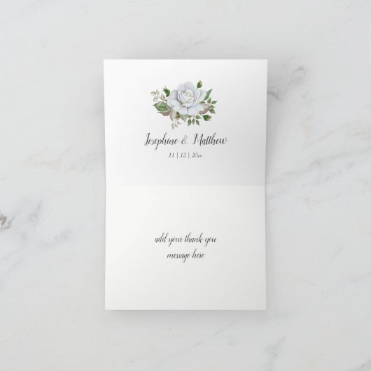 白いバラの緑の結婚葉 サンキューカード (内部)