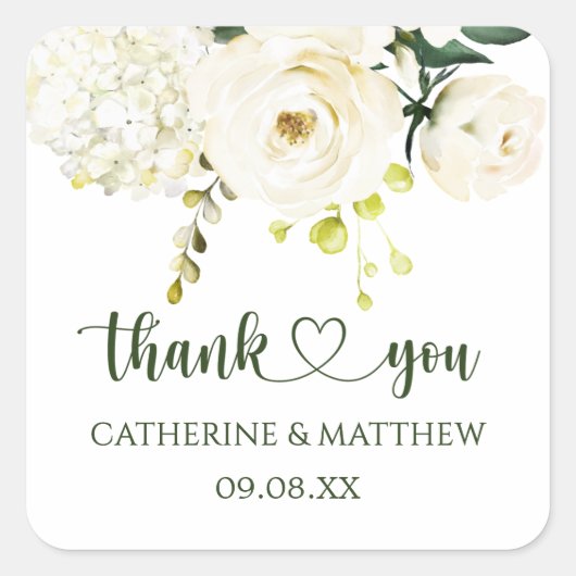 白いバラの緑の結婚葉 スクエアシール (正面)