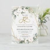 白いバラの緑の葉の金ゴールド彼女はyesと言った 招待状 (スタンド正面)