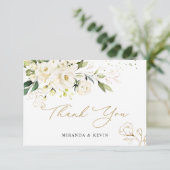白いバラの緑の葉結婚の世話 サンキューカード (スタンド正面)