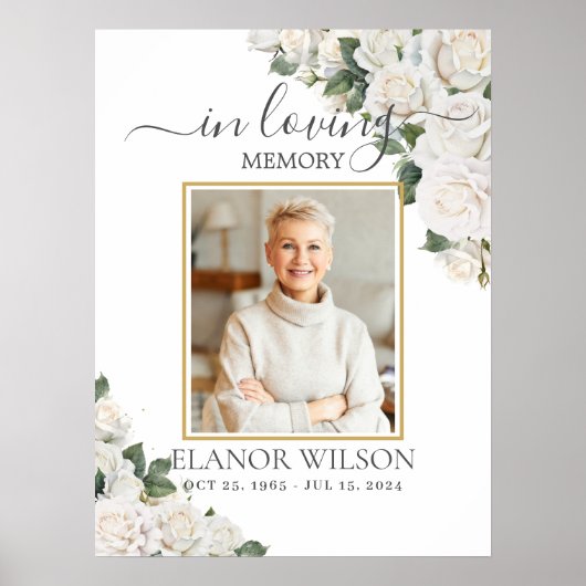 白いバラの花束 お悔やみ メモリアル 写真 ポスター (正面)