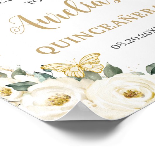 白いバラの花飾り　キンセアニエラ　15歳の誕生日おめでとう ポスター (角)