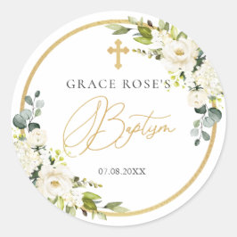 白いバラの葉クロスバプティスステッカー ラウンドシール