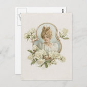 白いバラの葉書を持つ女性 ポストカード (正面/裏面)