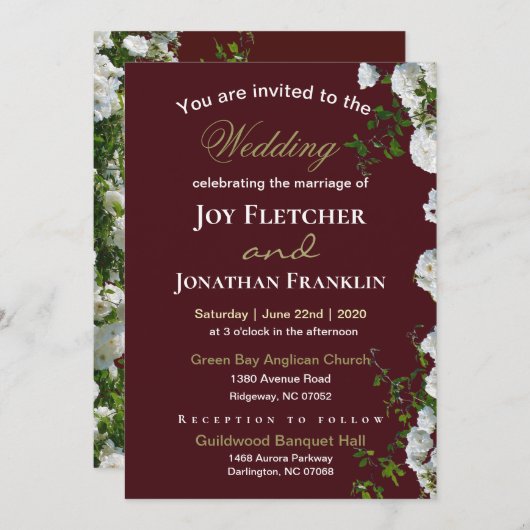 白いバラの赤い背景の結婚式招待状 案内状 (正面/裏面)