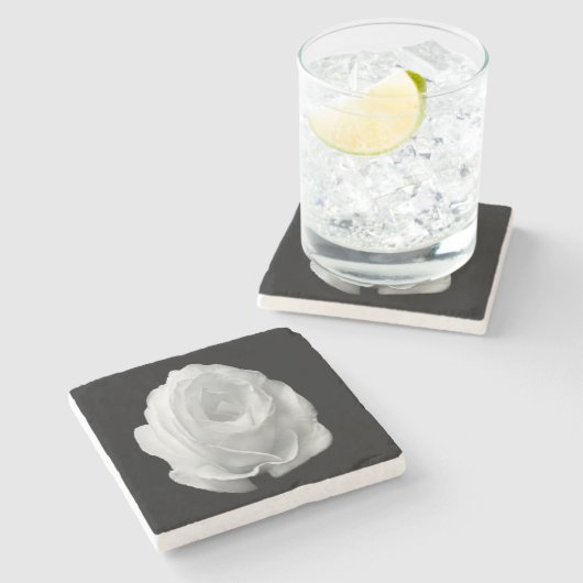白いバラの黒い背景 ストーンコースター (横)