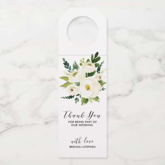 白いバラはタイポグラフィ花束感謝していしています ボトルネックタグ (正面)