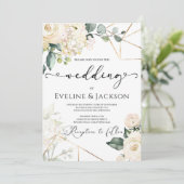 白いバラアジサイの緑の金ゴールド結婚ズ 招待状 (スタンド正面)