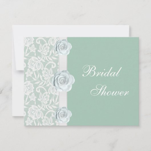 白いバラ及びレースの真新しい緑のブライダルシャワー 招待状 (正面)