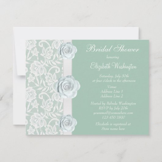 白いバラ及びレースの真新しい緑のブライダルシャワー 招待状 (裏面)