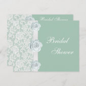 白いバラ及びレースの真新しい緑のブライダルシャワー 招待状 (正面/裏面)