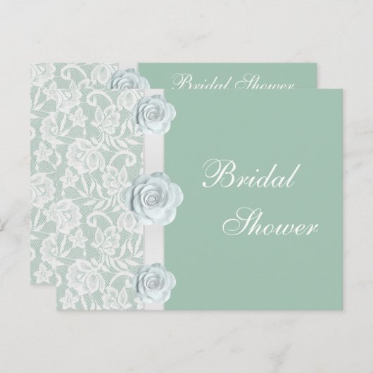 白いバラ及びレースの真新しい緑のブライダルシャワー 招待状 (正面/裏面)
