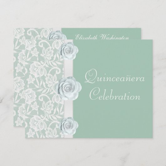 白いバラ及びレースの真新しい緑の誕生日キンセアニェラ 招待状 (正面/裏面)
