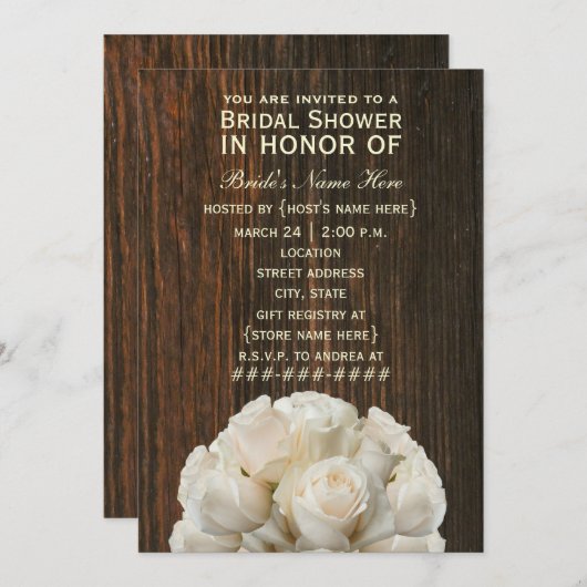 白いバラ及びBarnwoodの素朴なブライダルシャワーの招待 招待状 (正面/裏面)