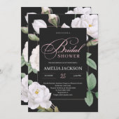 白いバラ緑の黒いブライダルシャワー 招待状 (正面/裏面)