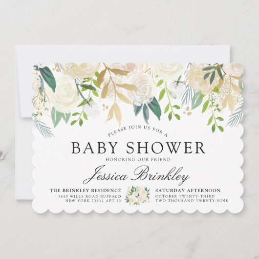 白いバラ花束|ベビーシャワー 招待状 (正面)