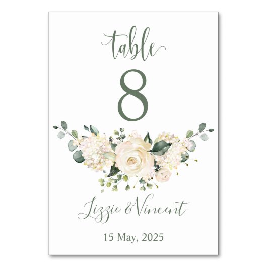白いバラ、あじさき、緑の葉テーブル番号 テーブルナンバー (正面)