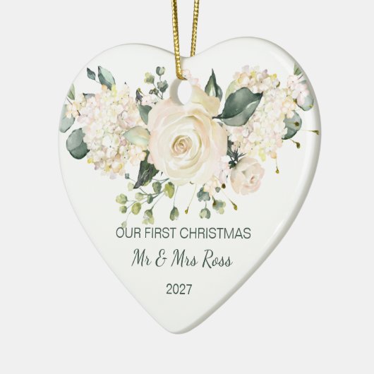 白いバラ、アジサイ1stクリスマスフォト セラミックオーナメント (左)