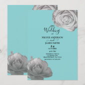 白いバラ エレガントな花束 ターコイズブルー ウェディング 招待状 (正面/裏面)
