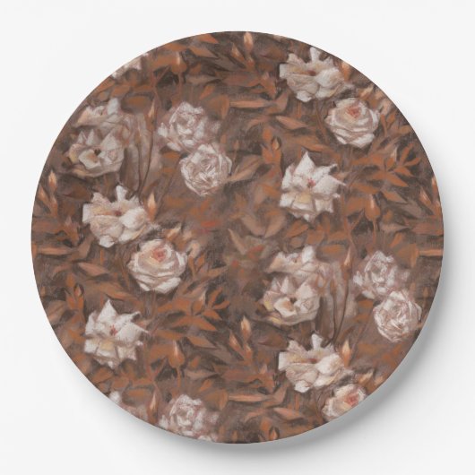 白いバラ、セピア、ビンテージ レトロ フラワーパターン ペーパープレート (正面)