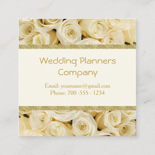 白いバラ、金ゴールドのボーダーウェディングプランナー スクエア名刺 (裏面)