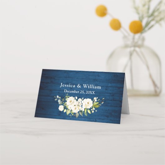 白いバラ 青い木のランタン 結婚式 テーブル プレイスカード (裏面)