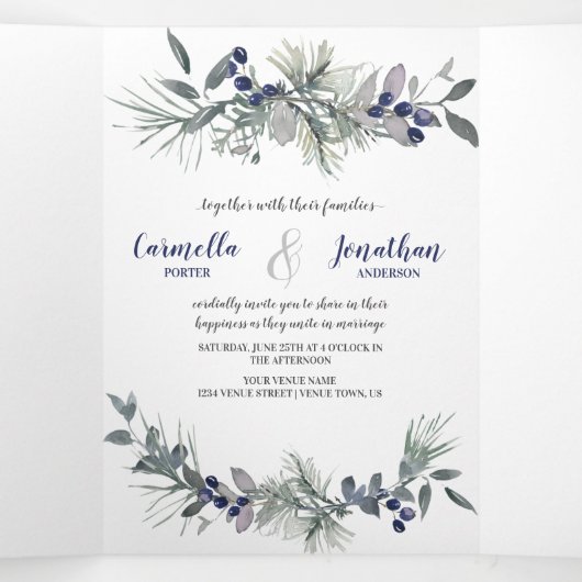 白いバラ、青い果実、松の結婚葉 | 三つ折り招待状 (内部中)