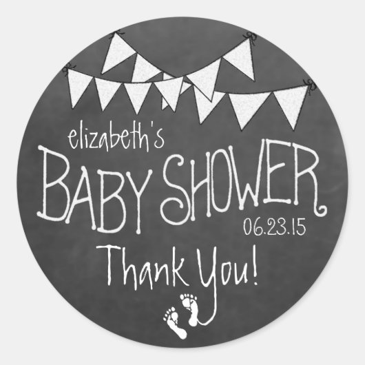 白いバンティングと白い黒板ベビーシャワー ラウンドシール (正面)