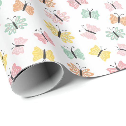 白いパステルカラーの可愛いバターリー ラッピングペーパー (ロールコーナー)