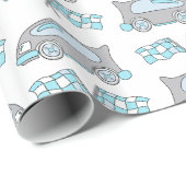 白いパターンのレーシングカーとフラグ ラッピングペーパー (ロールコーナー)