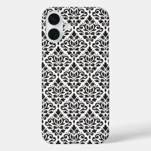 白いパターン上にダマスク黒をスクロール iPhone 16 PLUSケース