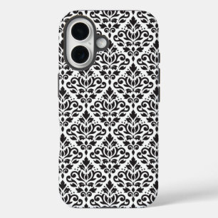 白いパターン上にダマスク黒をスクロール iPhone 16ケース