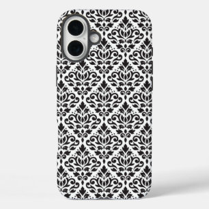 白いパターン上にダマスク黒をスクロール iPhone 16 PLUSケース