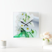 白いパンジーフラワーズグリーン花瓶フローラパンジー スクエア壁時計 (ホーム)