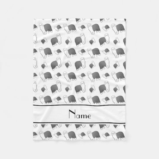 白いパーソナライズされたオールド・イングリッシュ・シープドッグ犬の名前 フリースブランケット (正面)