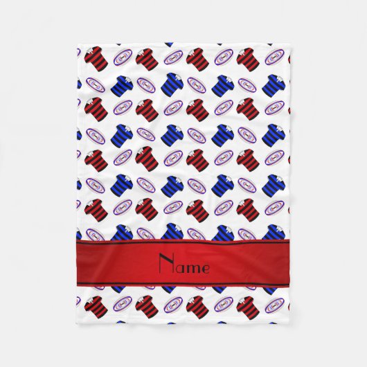 白いパーソナライズされたジャージーのラグビーボールの名前 フリースブランケット (正面)