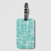 白いパーソナライズされた名前の作成ティール（緑がかった色） – 青 ラゲッジタグ (正面縦)