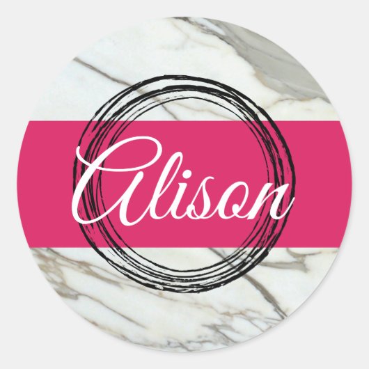 白いパーソナライズされた大理石、ピンクと黒のシール ラウンドシール (正面)